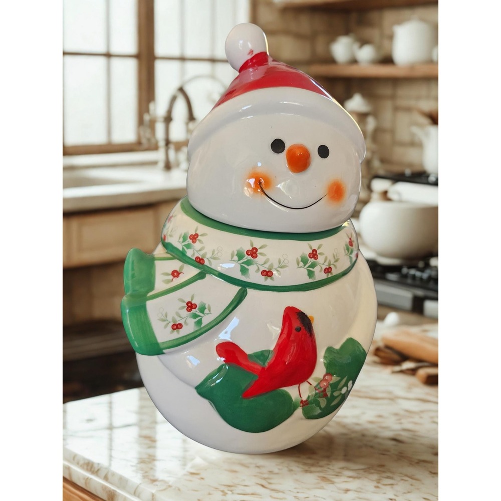 Pfaltzgraff Winterberry Snowman Cookie Jar Vintage Ceramic Christmas Cardinal